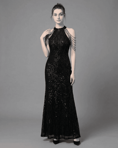 Vega Maxi Dress by Lauven, a stylish mermaid gown with sequin embellishments and halter neckline.