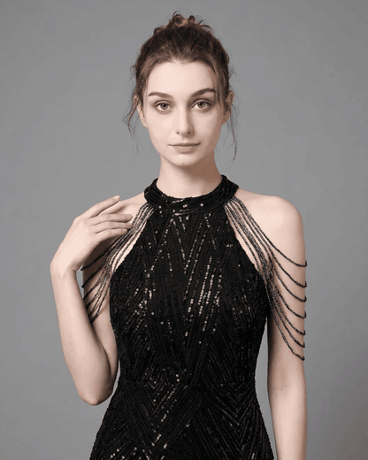 Vega Maxi Dress by Lauven featuring elegant halter neckline and beautiful sequin embellishments.