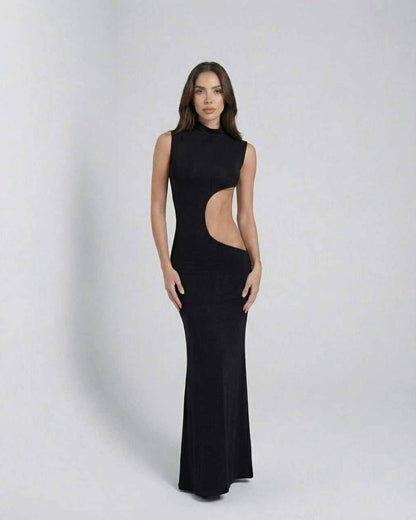 Vega Maxi Dress by Lauven – Elegant sleeveless black dress with a cutout and high-stretch fabric for a sleek silhouette.