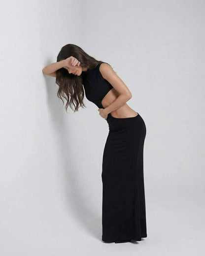 Vega Maxi Dress by Lauven, high stretch black knitted sleeveless maxi dress showcasing a sleek silhouette.