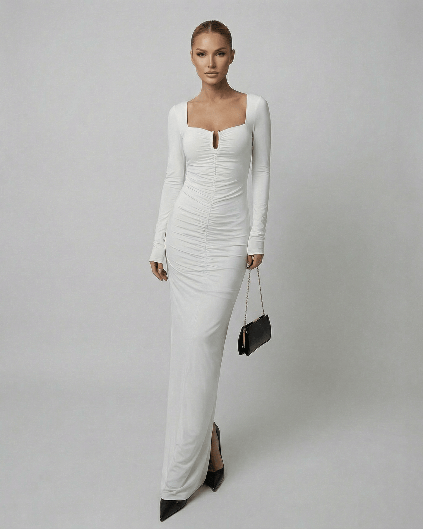 Vega Maxi Dress by Lauven - Long sleeve square neck white maxi dress with a refined high-waist silhouette.