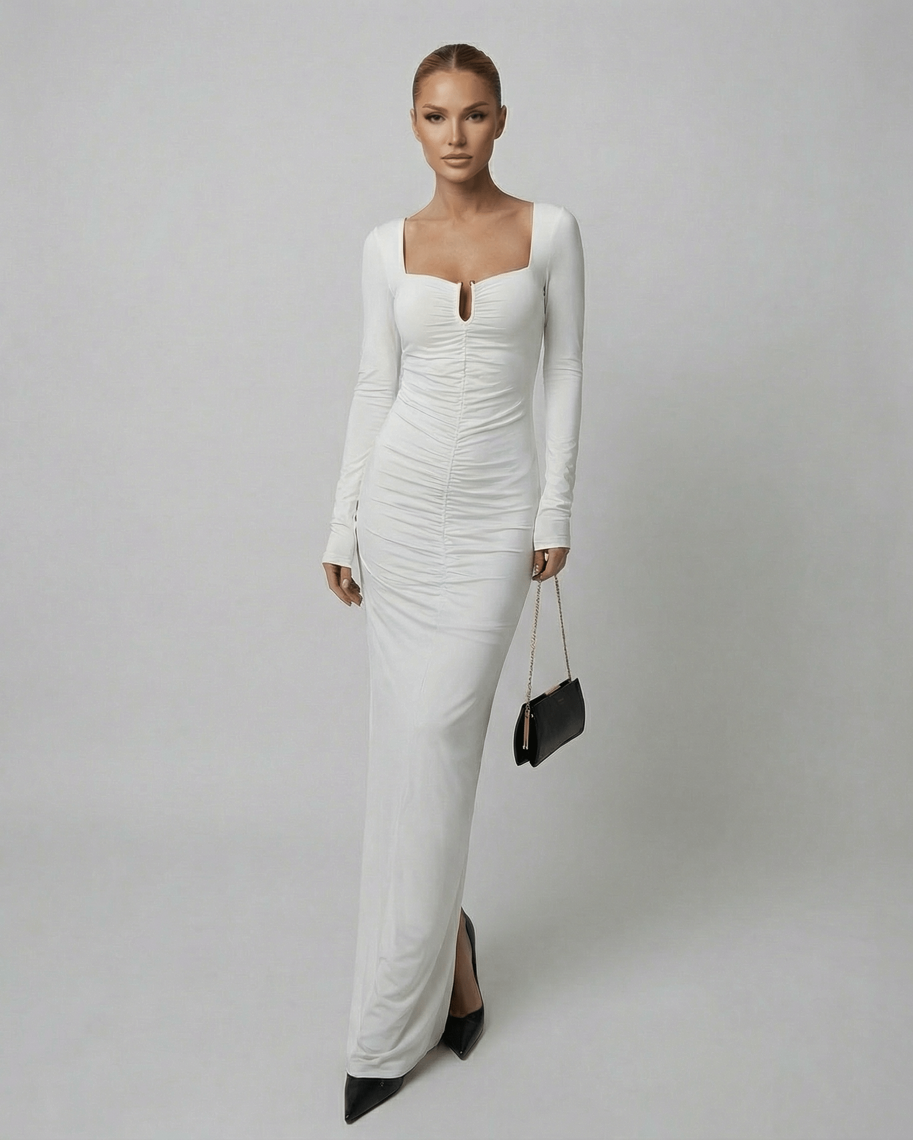 Vega Maxi Dress by Lauven - Long sleeve square neck white maxi dress with a refined high-waist silhouette.