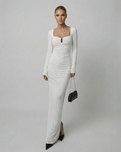 Vega Maxi Dress by Lauven - Long sleeve square neck white maxi dress with a refined high-waist silhouette.