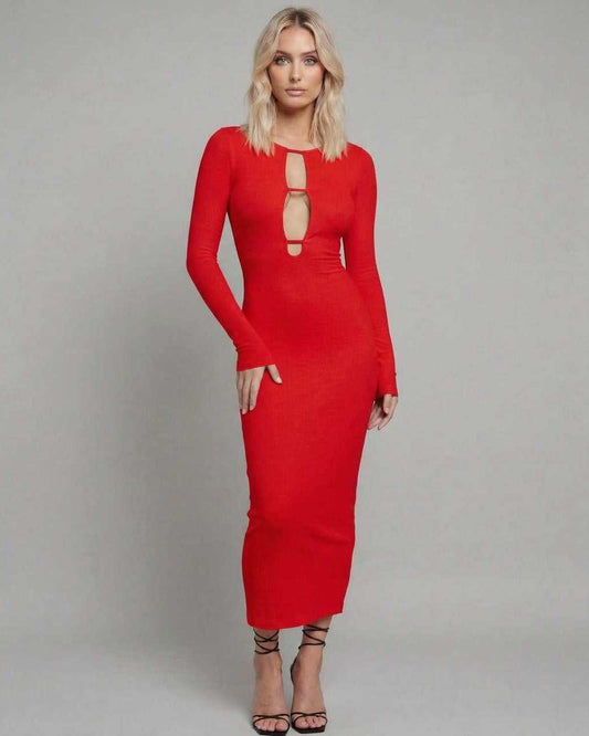 Vega Midi Dress by Lauven featuring bold red cut-out design and long sleeves for a luxurious style.