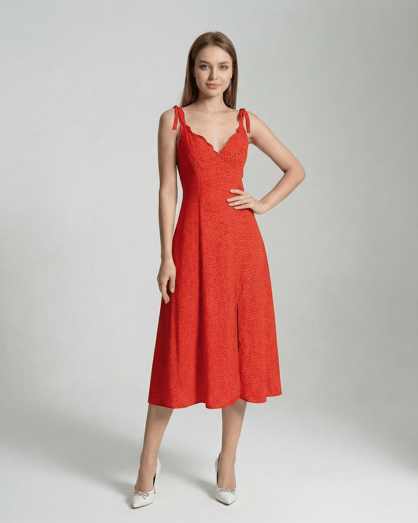 Vega Midi Dress by Lauven - bold red A-line with polka dot elegance and cami-style neckline.