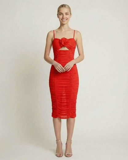 Vega Midi Dressv by Lauven - Bold red ruched evening dress with floral detail, perfect for special occasions.