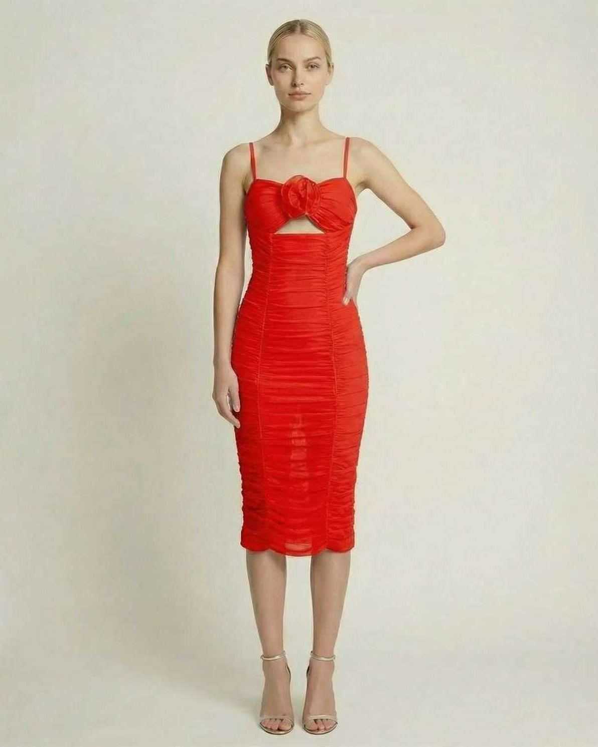 Vega Midi Dressv by Lauven, bold red evening dress with ruched design and floral detail, perfect for special occasions.