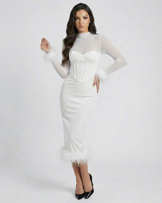 Vega Midi Dress by Lauven, elegant white dress with feather trim and sheer mesh detail, perfect for luxury evening wear.