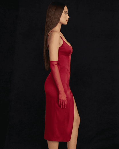 Vega Midi Dress by Lauven, featuring high slit, bodycon silhouette in vibrant red satin.