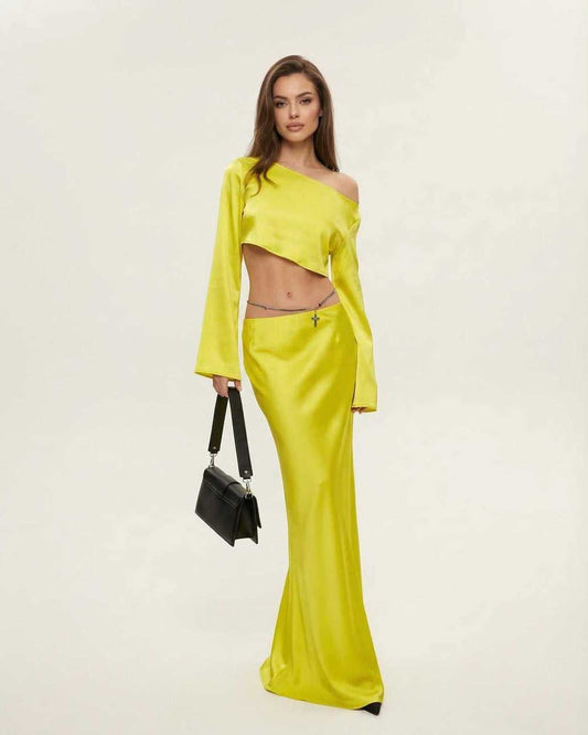 Vega Midi Dress by Lauven in vibrant yellow showcasing a sleek asymmetrical silhouette, perfect for evening wear.