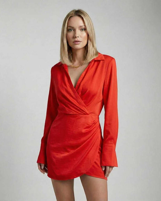 Vega Mini Dress by Lauven, vibrant red shirt dress with long sleeves and flattering cowl neck detail.