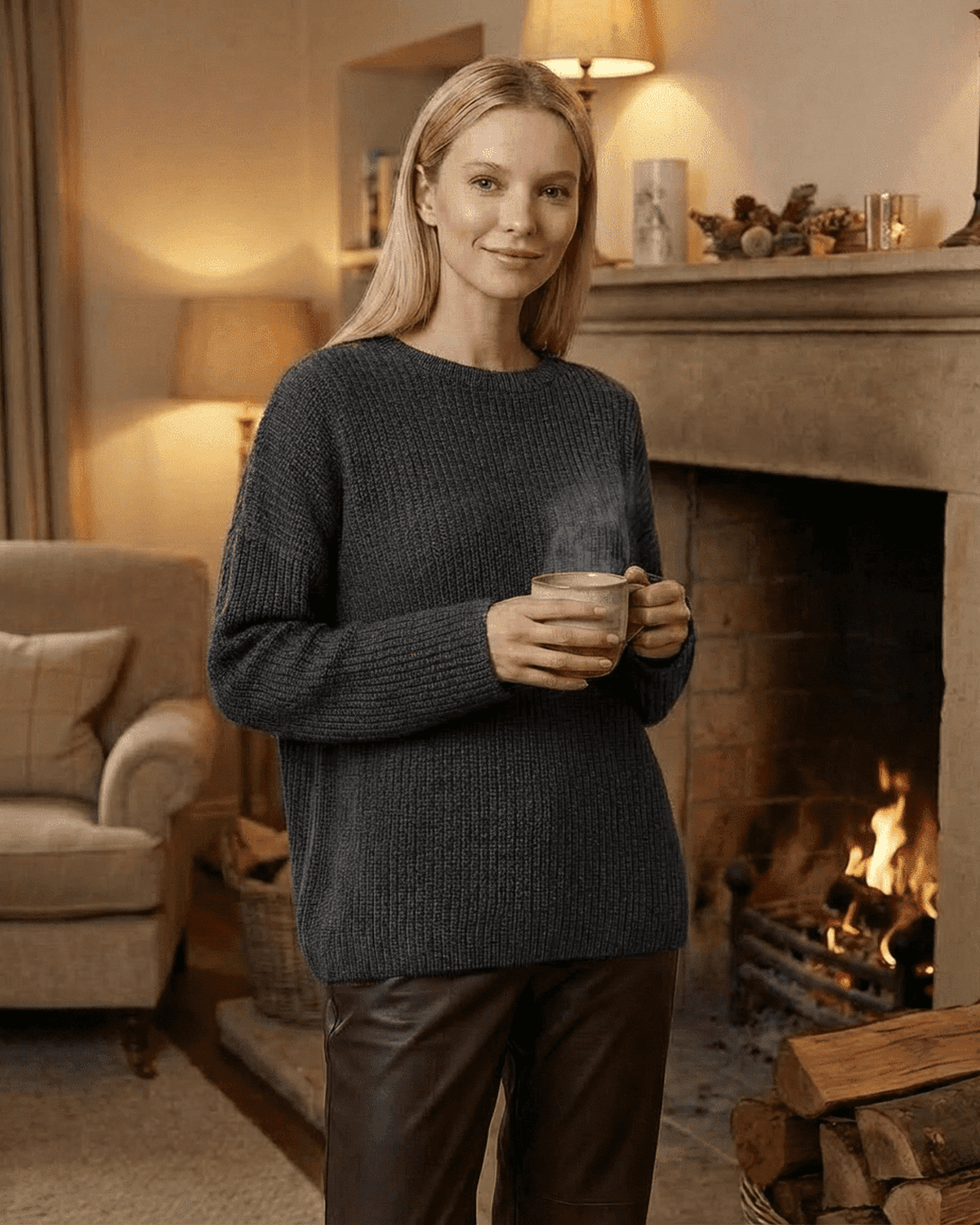 Vega Sweater by Lauven, a luxurious thick knit sweater, perfect for cozy indoor wear by the fireplace.