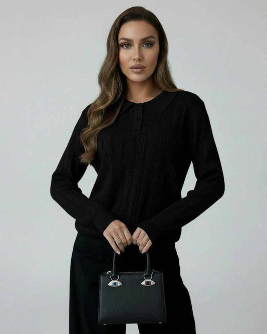 Vega Sweater by Lauven - Women’s black knit sweater with elegant collar and long sleeves.