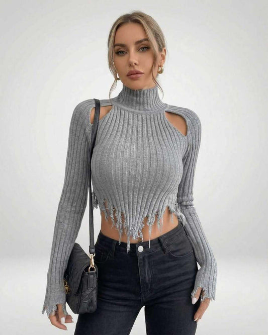 Vega Sweater by Lauven – Women’s ribbed knit turtleneck with cutout details in grey.