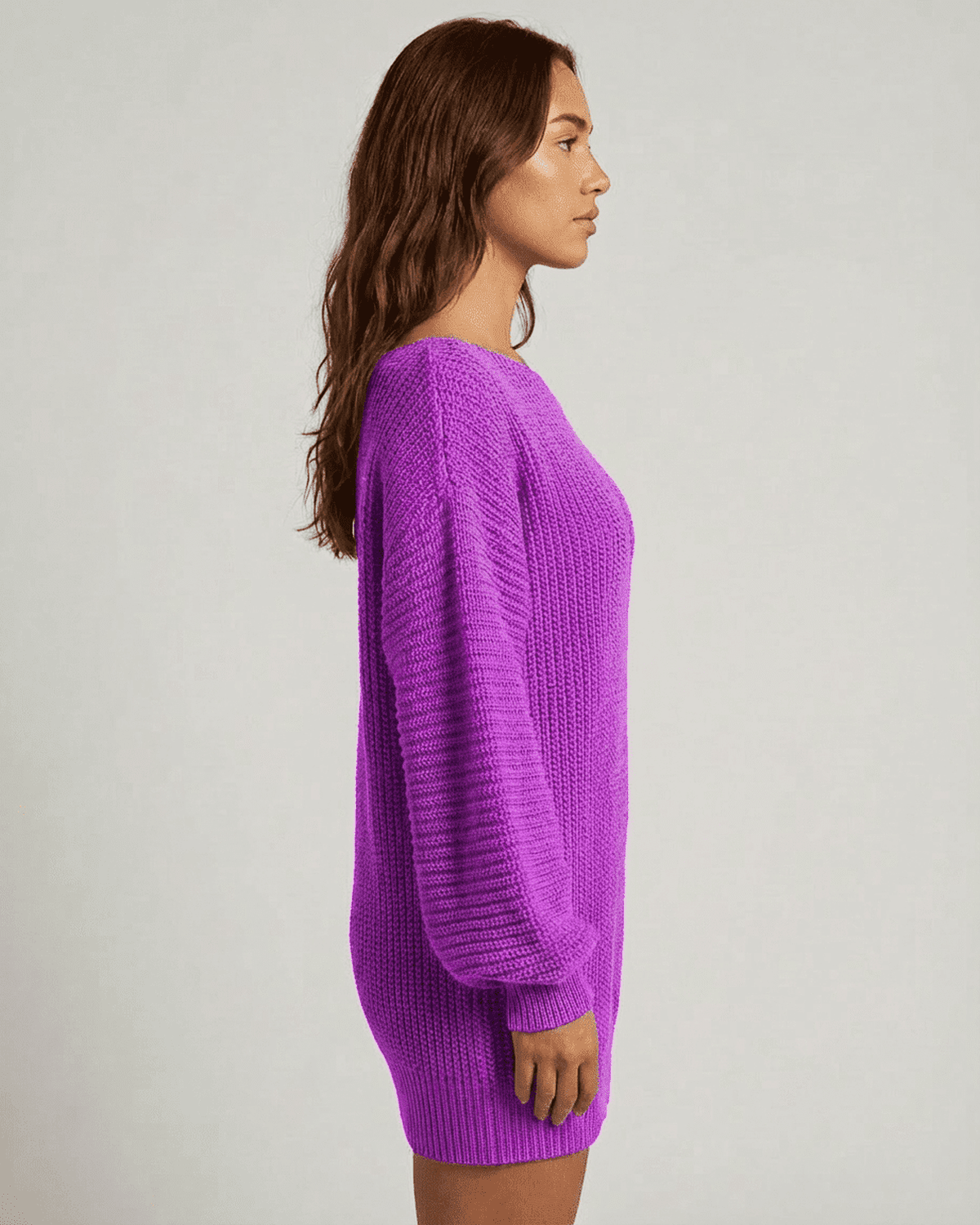 Vela Mini Dress by Lauven features purple ribbed knit, off-the-shoulder neckline, and dramatic lantern sleeves.