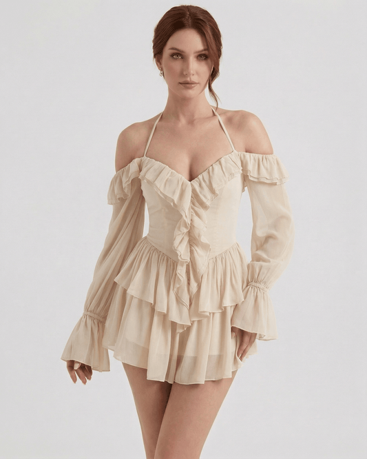 Velina Mini Dress by Lauven – Beige Ruffle Halter Mini Dress with Sheer Sleeves and Flowy Design