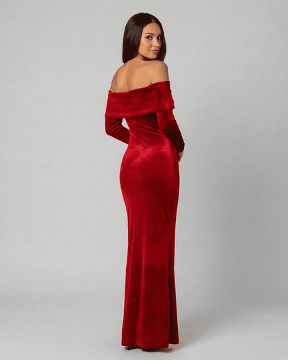 Velora Maxi Dress by Lauven, elegant off-shoulder velvet silhouette in red, showcasing long sleeves and form-fitting design.