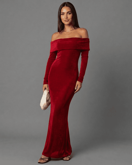 Velora Maxi Dress by Lauven, featuring an off-shoulder velvet silhouette with long sleeves in rich red.