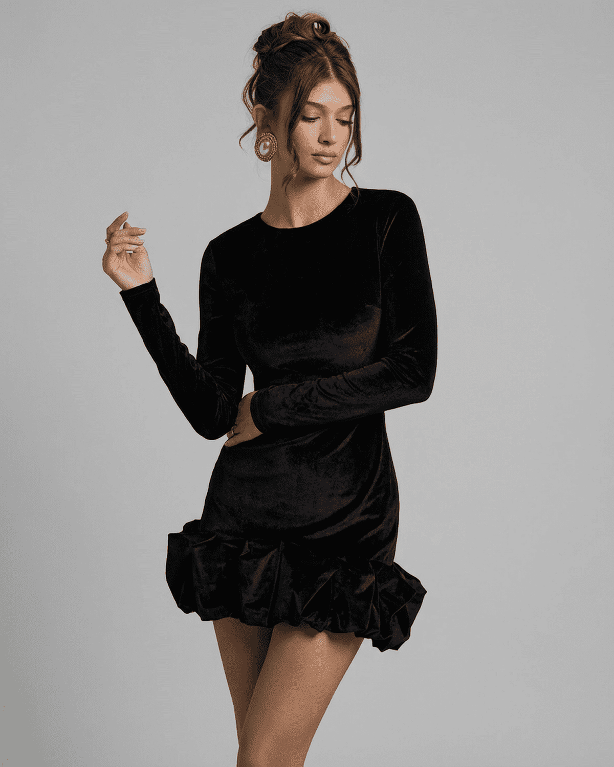 Velora Mini by Lauven - Luxe black velvet bodycon dress with pleated hem and long sleeves.