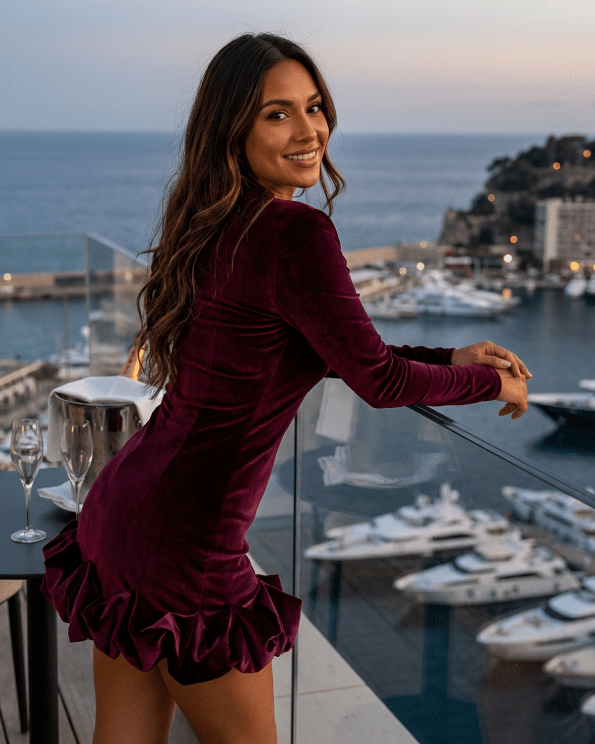 Woman wearing Velora Mini Dress by Lauven, a deep burgundy velvet bodycon dress with pleated hem, overlooking a marina.