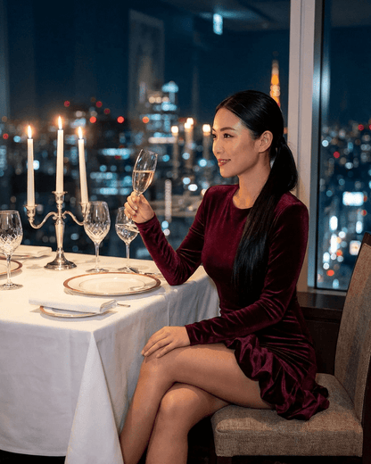 Model wearing Velora Mini Dress by Lauven, enjoying a drink at a beautifully set dinner table with city view.