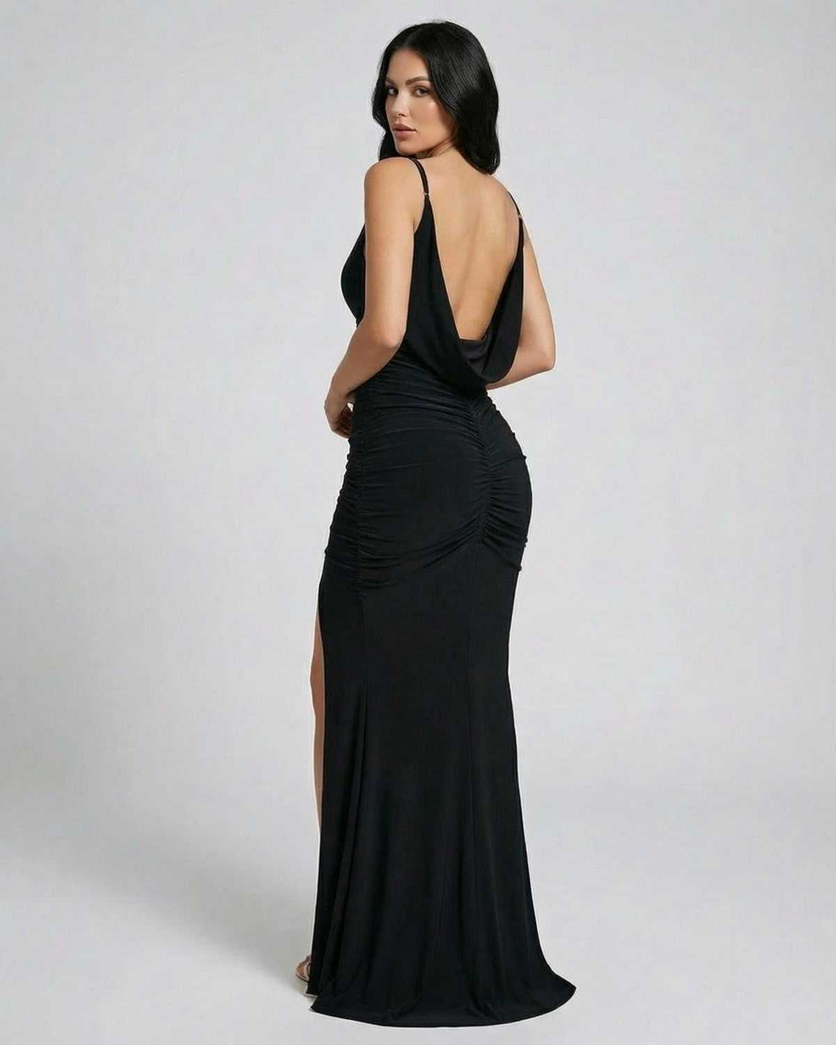 Velour Maxi Dress by Lauven, featuring a sleek design, deep neckline, and elegant fringe detail.