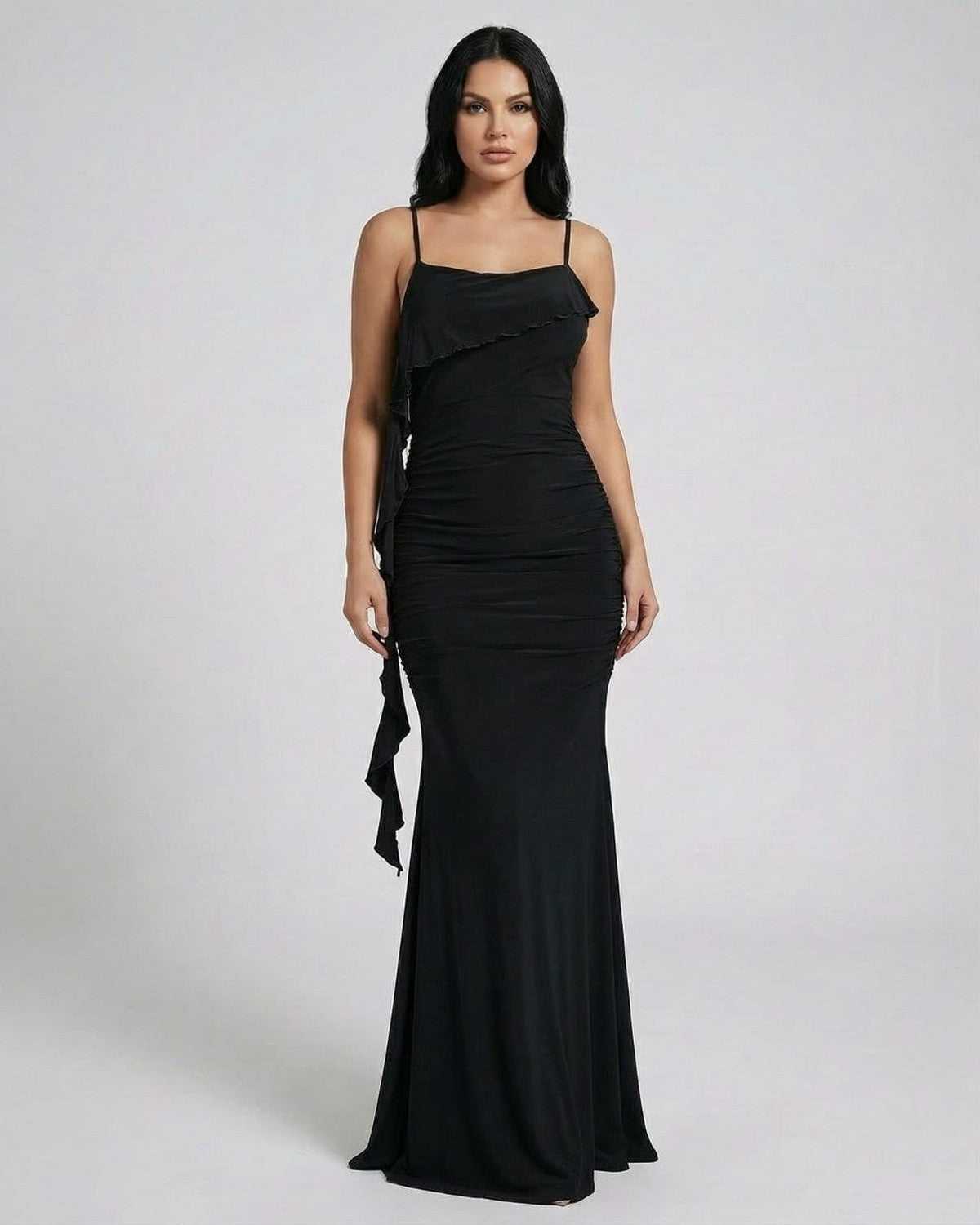 Velour Maxi Dress by Lauven featuring a fitted silhouette and elegant fringe detailing in solid black.