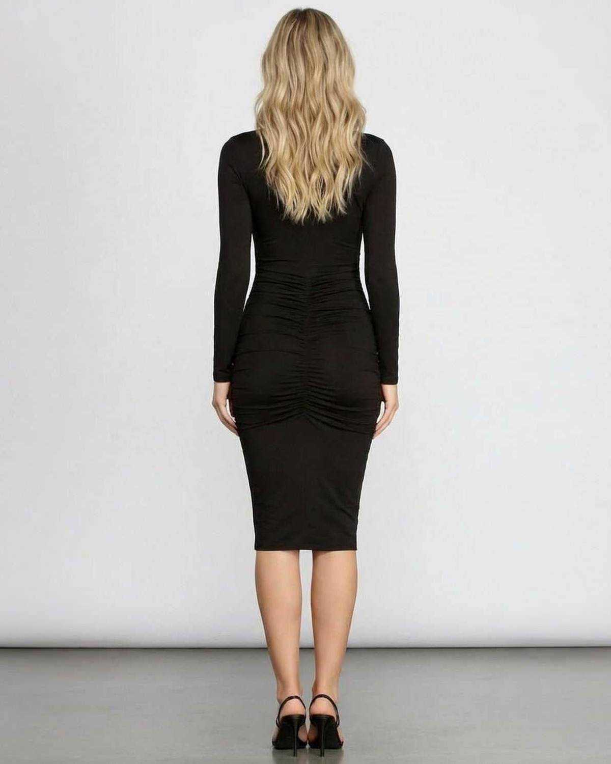Velouré Midi Dress by Lauven, showcasing a bodycon fit with elegant ruching from the back view.