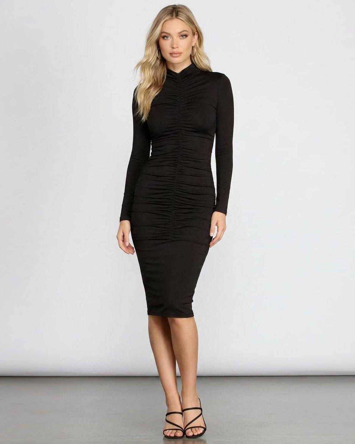 Velouré Midi Dress by Lauven, featuring a long sleeve bodycon fit and elegant ruching, perfect for special occasions.