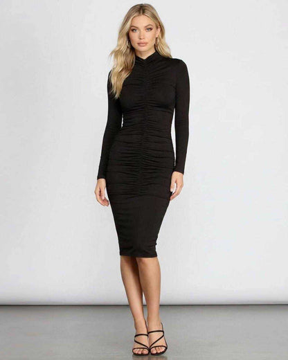 Velouré Midi Dress by Lauven, featuring a long sleeve bodycon fit and elegant ruching, perfect for special occasions.