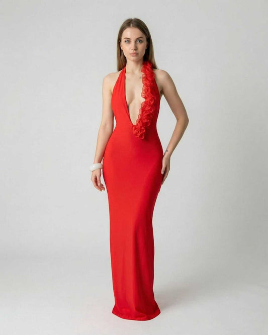 Vera Maxi Dress by Lauven, red deep V neck backless design with 3D floral detail, elegant bodycon silhouette.