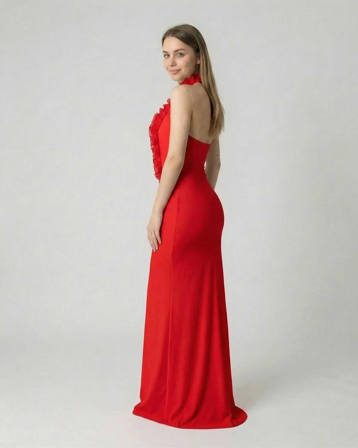 Vera Maxi Dress by Lauven, red deep V neck backless maxi dress with 3D floral detail, elegant design.