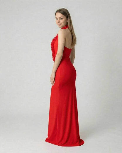 Vera Maxi Dress by Lauven, red deep V neck backless maxi dress with 3D floral detail, elegant design.