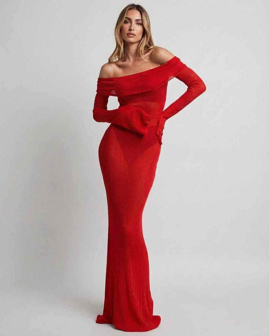 Vera Maxi Dress by Lauven - Red Off-Shoulder Slim Fit Ankle-Length Dress with Ribbed Texture