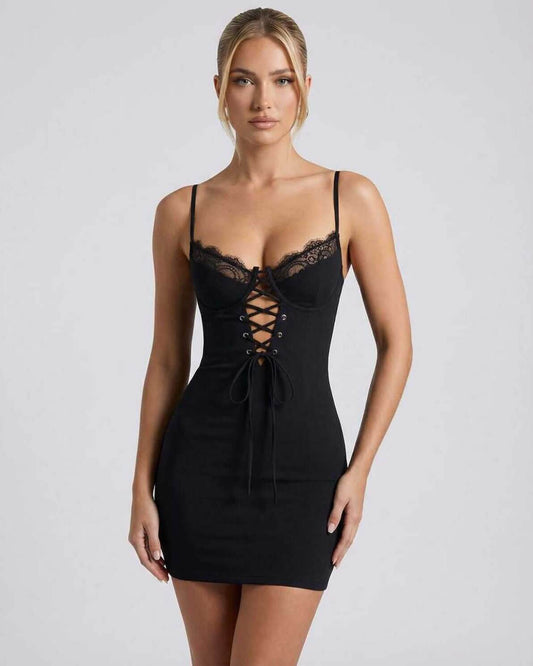 Vera Mini Dress by Lauven featuring a delicate lace-up design and sleek body-hugging silhouette in classic black.