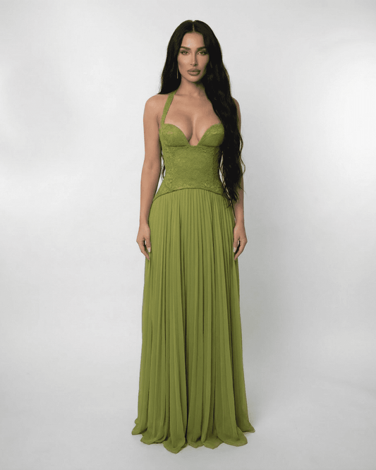 Verdant Maxi Dress by Lauven featuring a lace bodice and pleated skirt in rich olive green.