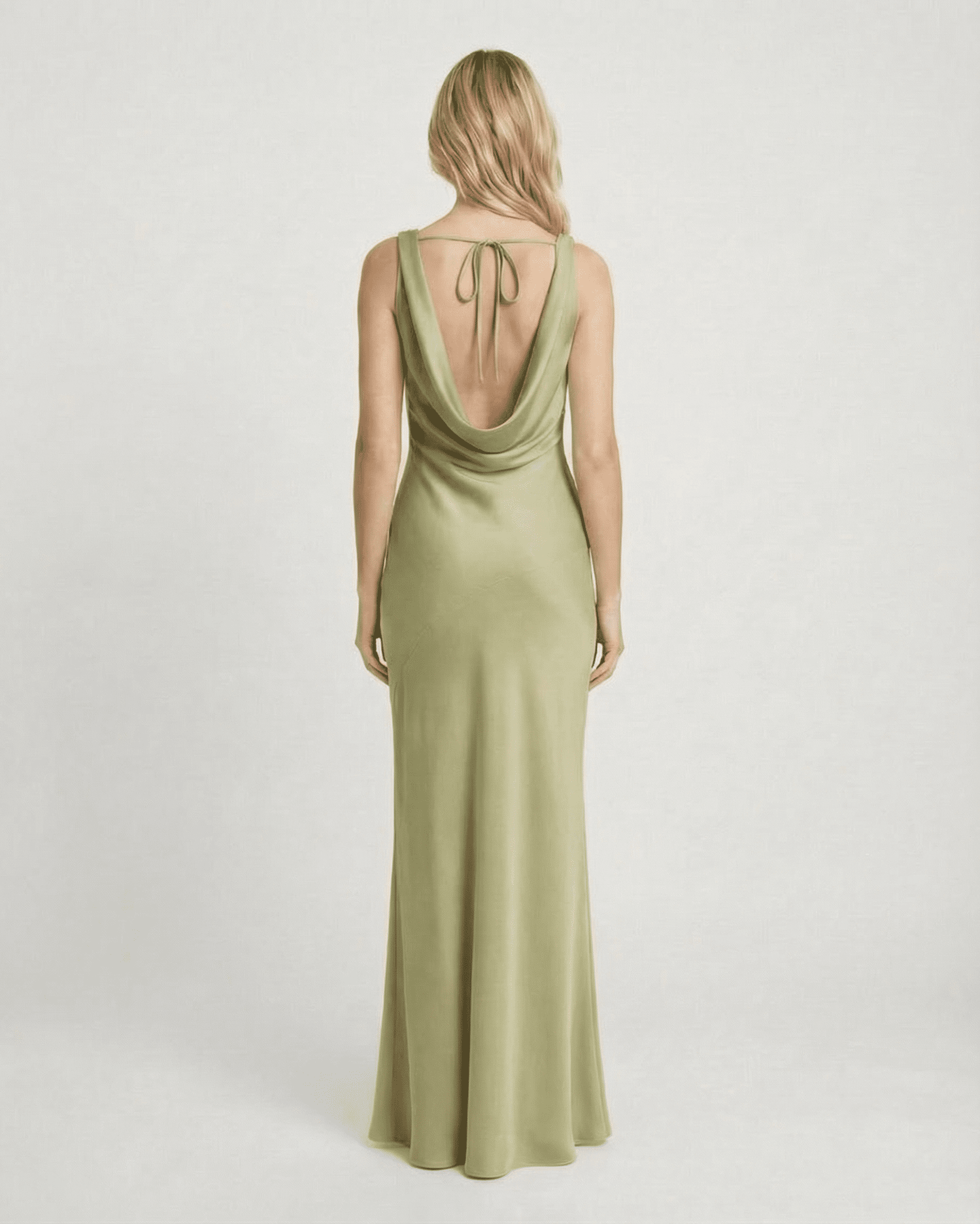 Back view of the Lauven Verdant Maxi Dress featuring a satin-effect cowl neck and a fluid, elegant silhouette.
