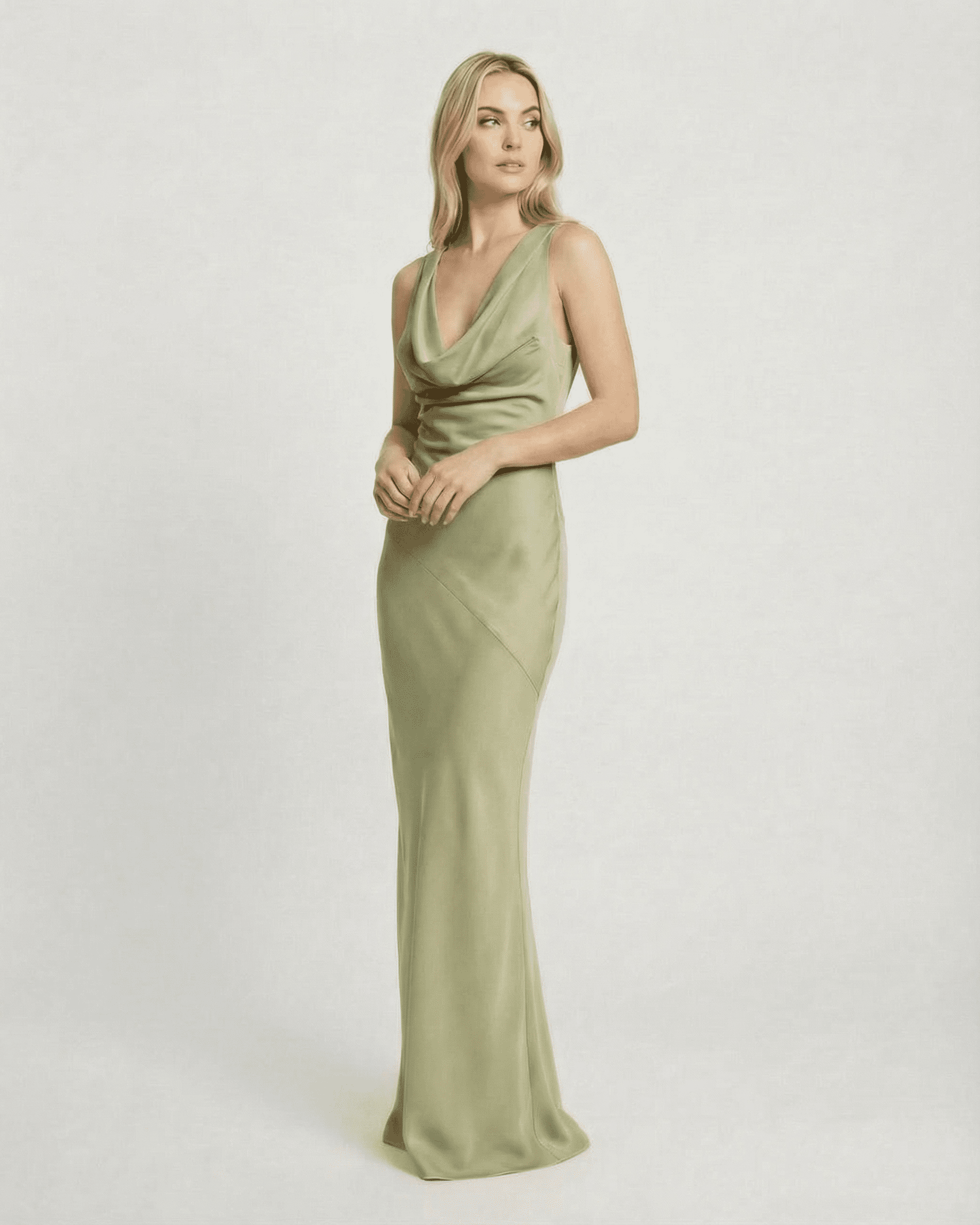 Elegant woman showcasing the Lauven Verdant Maxi Dress, a satin-effect cowl neck sleeveless design in soft green.
