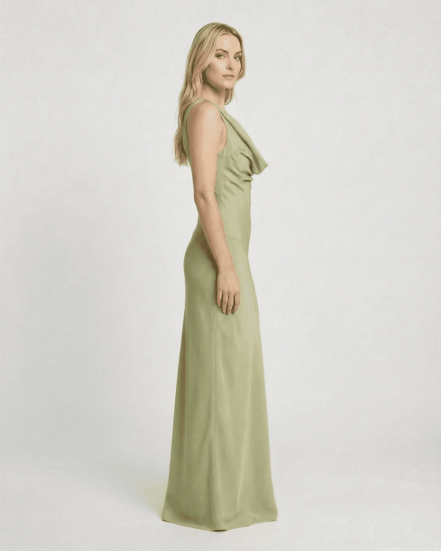 Verdant Maxi Dress by Lauven featuring a satin-effect cowl neck and a sleek silhouette in soft green.