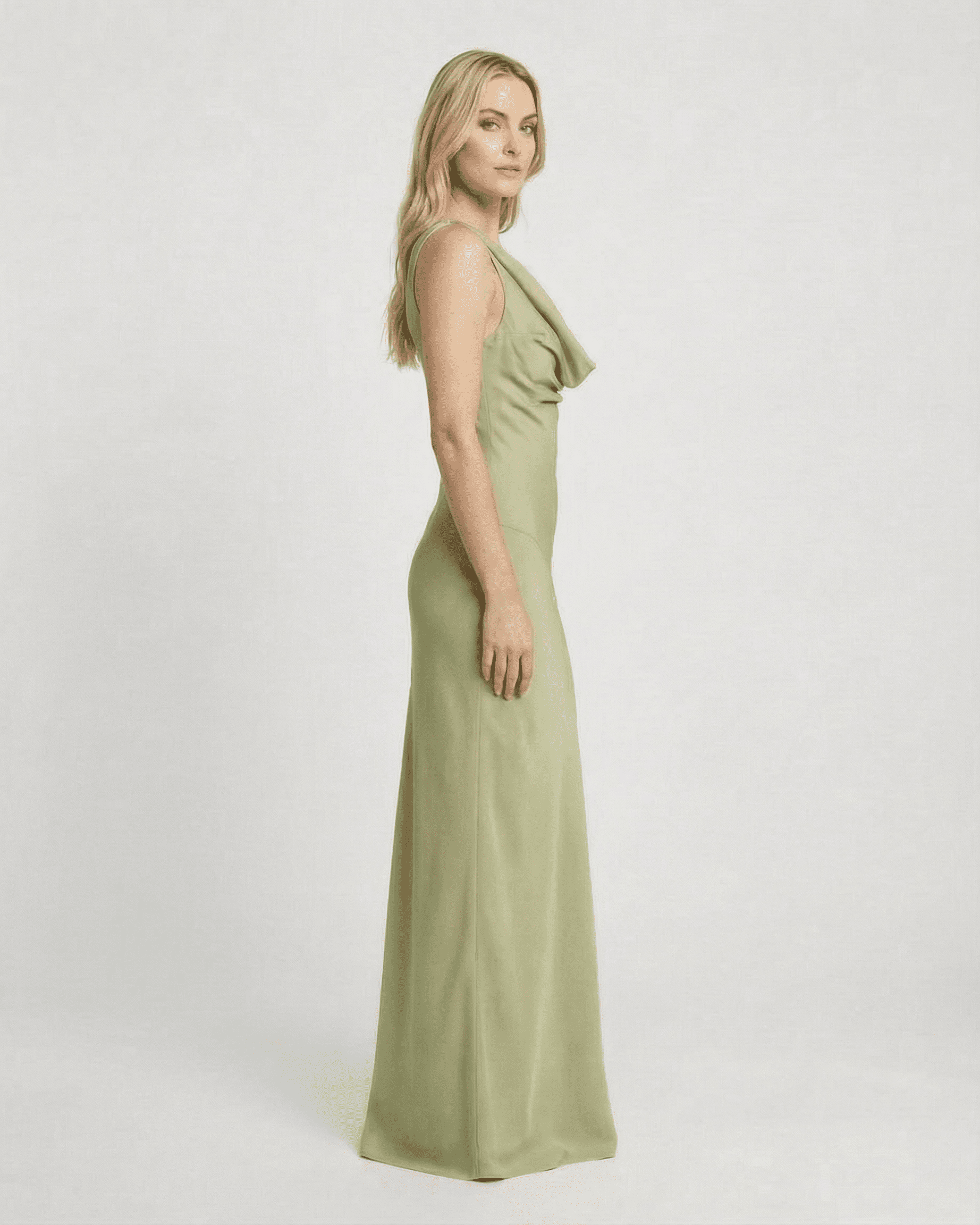 Verdant Maxi Dress by Lauven featuring a satin-effect cowl neck and a sleek silhouette in soft green.
