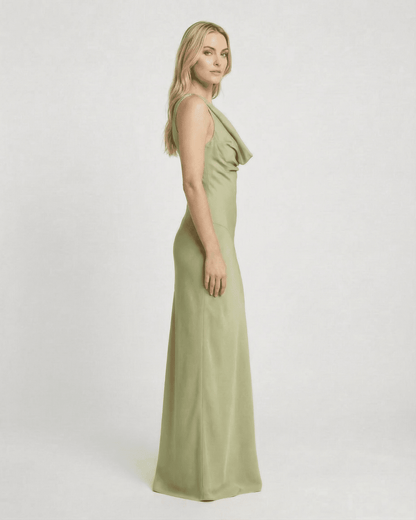 Verdant Maxi Dress by Lauven featuring a satin-effect cowl neck and a sleek silhouette in soft green.