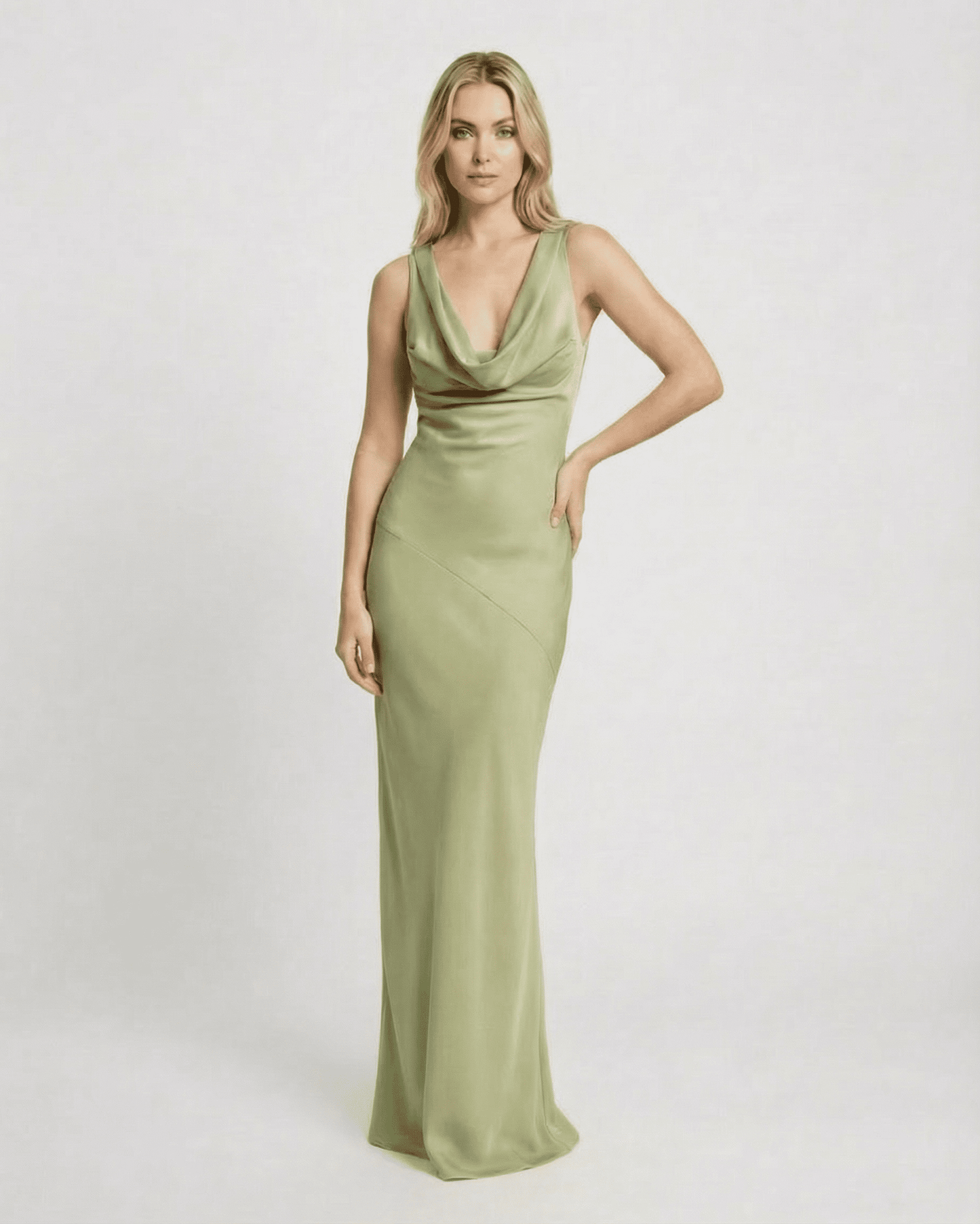 Lauven Verdant Maxi Dress featuring a satin-effect cowl neck, sleeveless design, and elegant green floor-length silhouette.