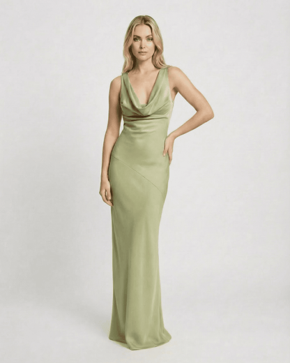 Lauven Verdant Maxi Dress featuring a satin-effect cowl neck, sleeveless design, and elegant green floor-length silhouette.