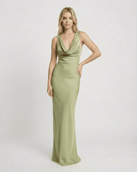 Lauven Verdant Maxi Dress featuring a satin-effect cowl neck, sleeveless design, and elegant green floor-length silhouette.