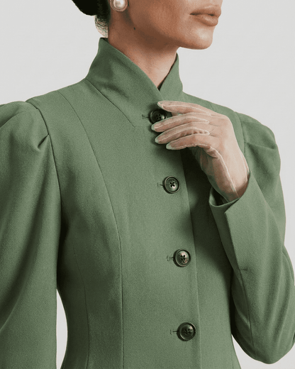 Verdanté Blazer featuring a stand collar and puff sleeves by Lauven, elegant green tailored design for women.