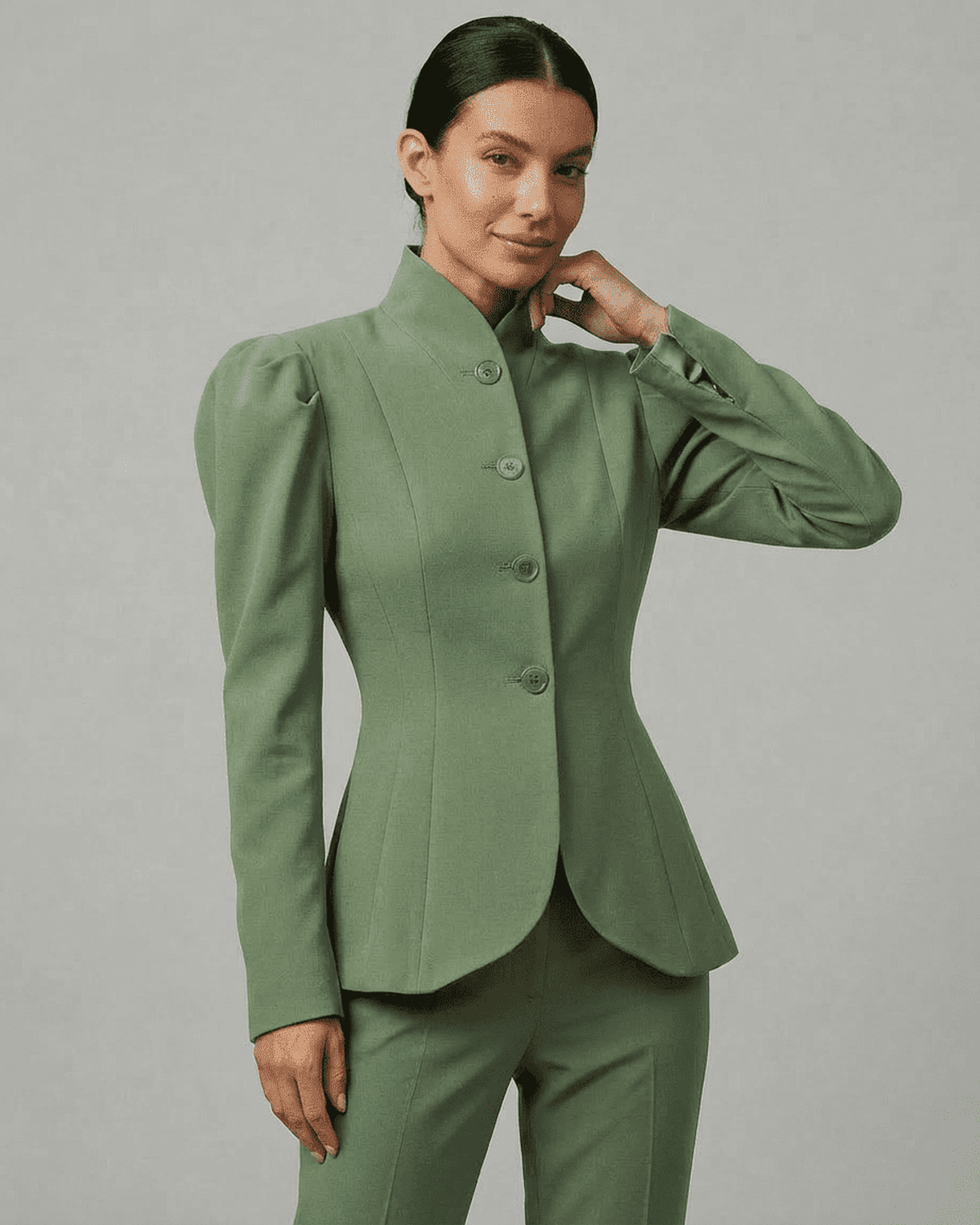 Verdanté Blazer by Lauven, tailored women’s blazer in green with stand collar and puff sleeves.