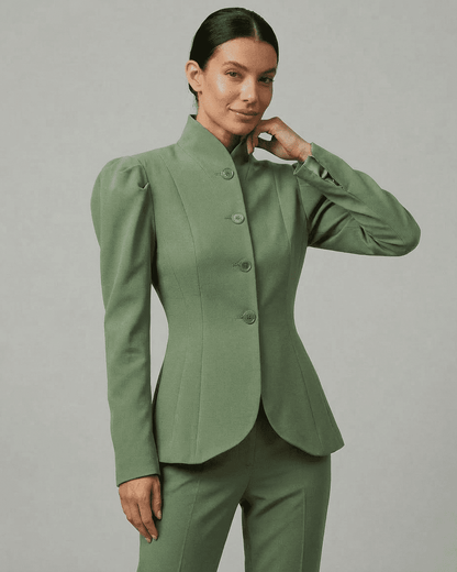 Verdanté Blazer by Lauven, tailored women’s blazer in green with stand collar and puff sleeves.