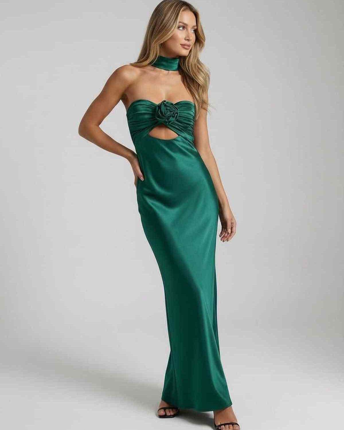 Lauven Verde Maxi Dress in luxurious emerald satin with a strapless neckline and rose detail.