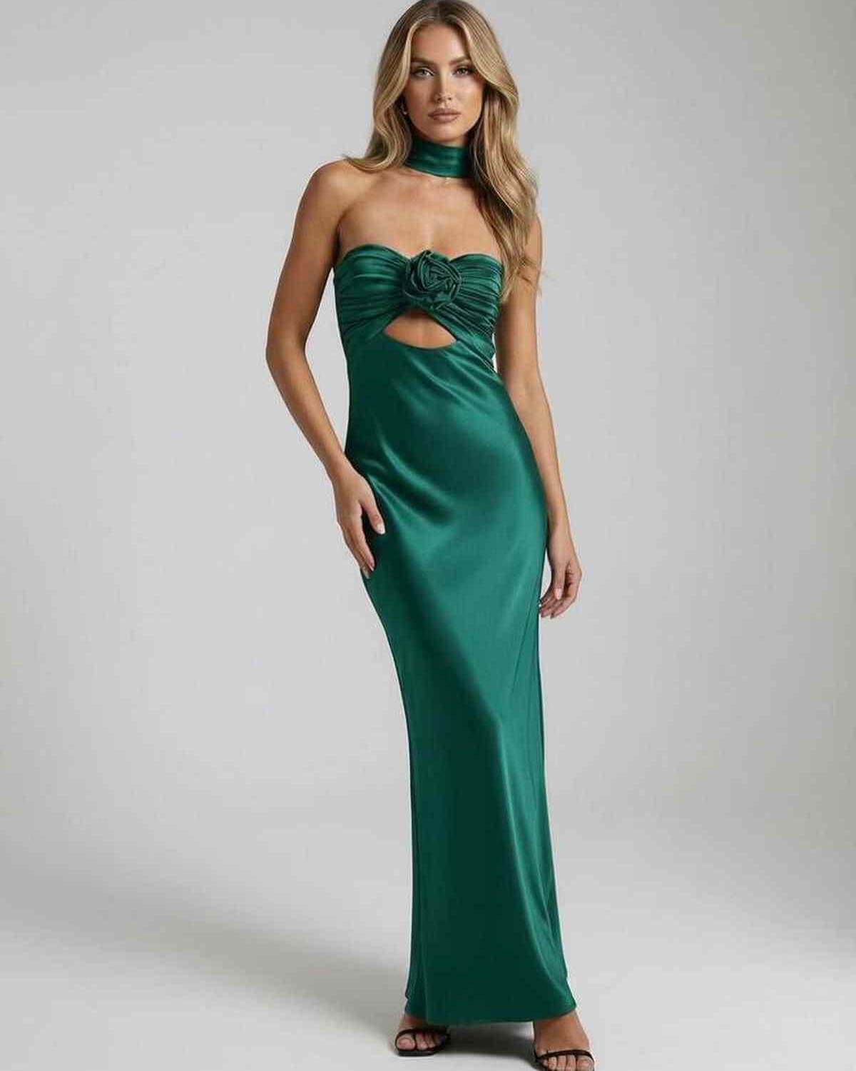 Verde Maxi Dress by Lauven, luxurious emerald satin gown with a strapless neckline and rose detail.