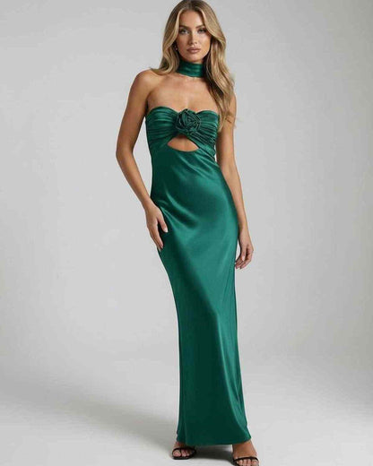 Verde Maxi Dress by Lauven, luxurious emerald satin gown with a strapless neckline and rose detail.
